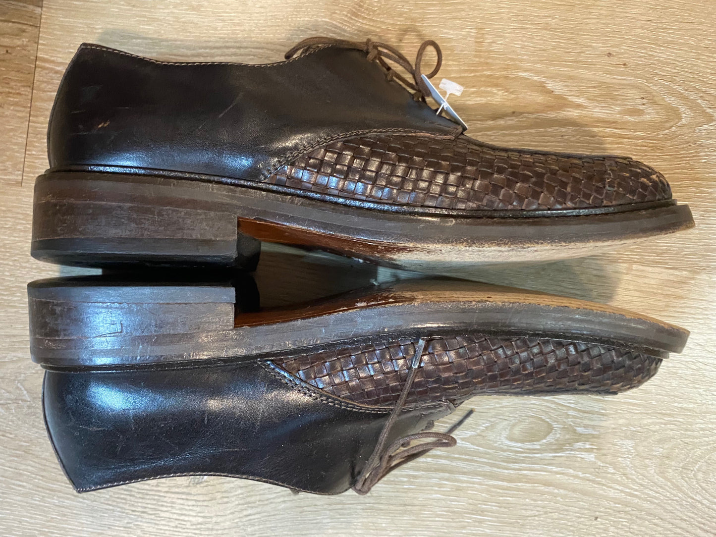 Kingspier Vintage - Brown Basket Weave Leather Derbies with Dark Brown Quarters/Back by Antica Cuoieria Shoemaker’s Goodyear Type - Sizes: 9.5M 11.5W 42.5EURO, Made in Italy, Vero Cuoio Leather Soles and Insoles, Antica Cuoieria Rubber Heels