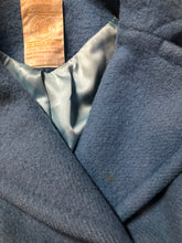 Load image into Gallery viewer, Hudson’s Bay Company Blue 100% virgin wool point blanket coat in a double breasted swing coat style with belt, detachable hood, button closures, slash pockets and satin lining. Made in Canada. Size small - Kingspier Vintage
