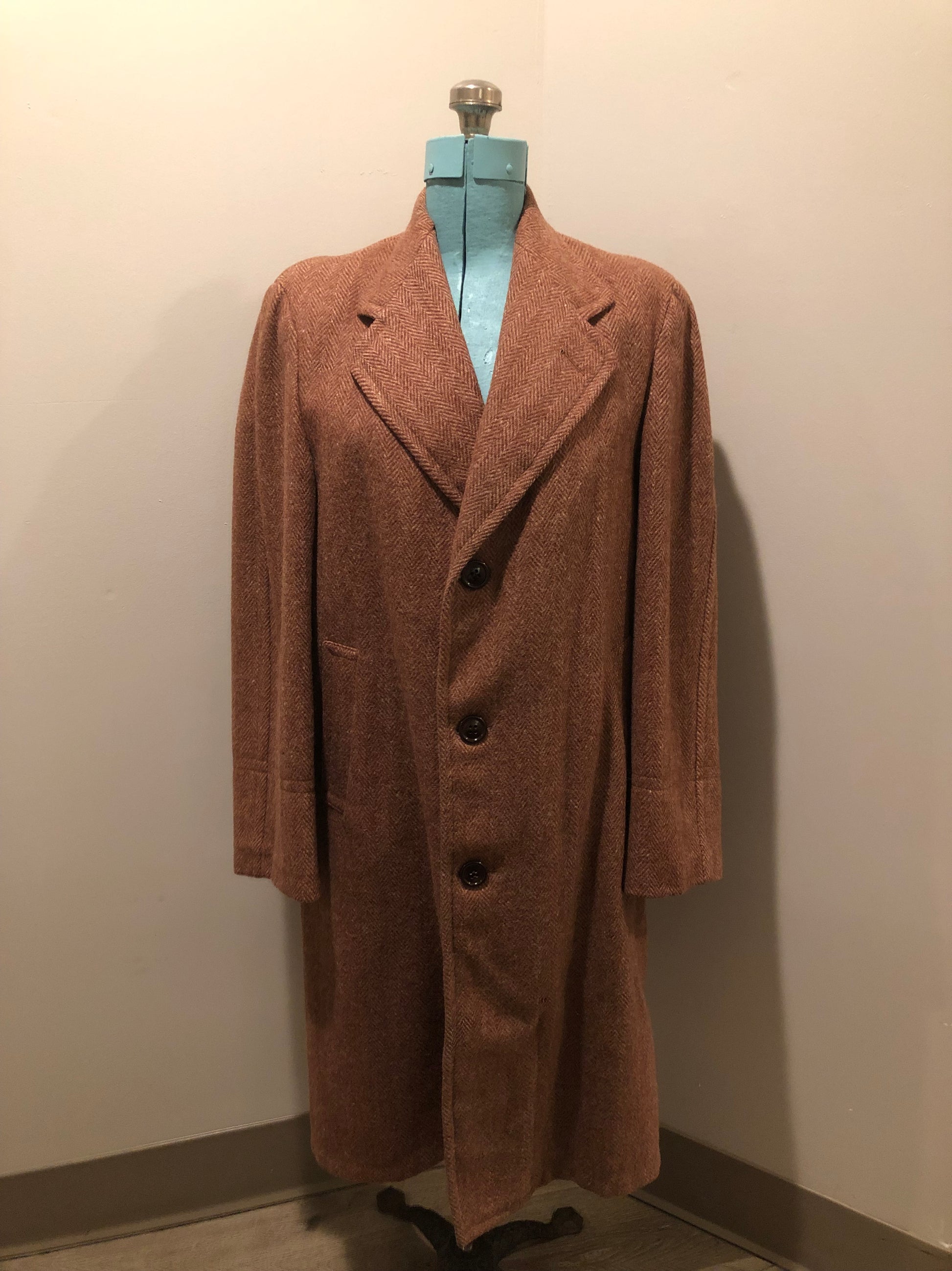 Vintage Herringbone full length wool coat in rust colour with button closures, satin lining and slash pockets - Kingspier Vintage