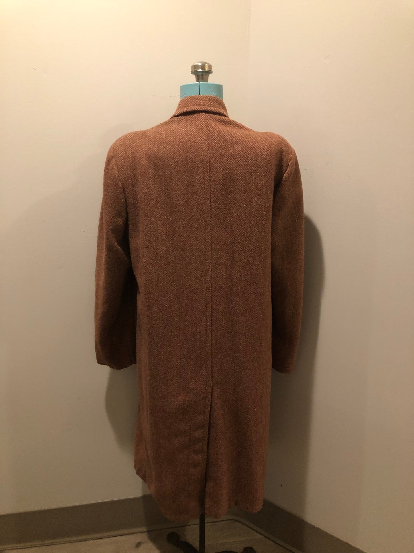 Vintage Herringbone full length wool coat in rust colour with button closures, satin lining and slash pockets - Kingspier Vintage