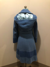 Load image into Gallery viewer, Hudson’s Bay Company Blue 100% virgin wool point blanket coat in a double breasted swing coat style with belt, detachable hood, button closures, slash pockets and satin lining. Made in Canada. Size small - Kingspier Vintage
