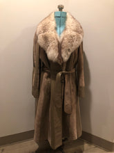 Load image into Gallery viewer, Vintage 70s Tannery Row full length suede and leather panelled jacket with belt, oversized fur trimmed collar, quilted lining, button closures and pockets, Made in Canada - Kingspier Vintage
