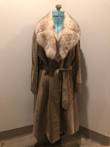 Vintage 70s Tannery Row full length suede and leather panelled jacket with belt, oversized fur trimmed collar, quilted lining, button closures and pockets, Made in Canada - Kingspier Vintage