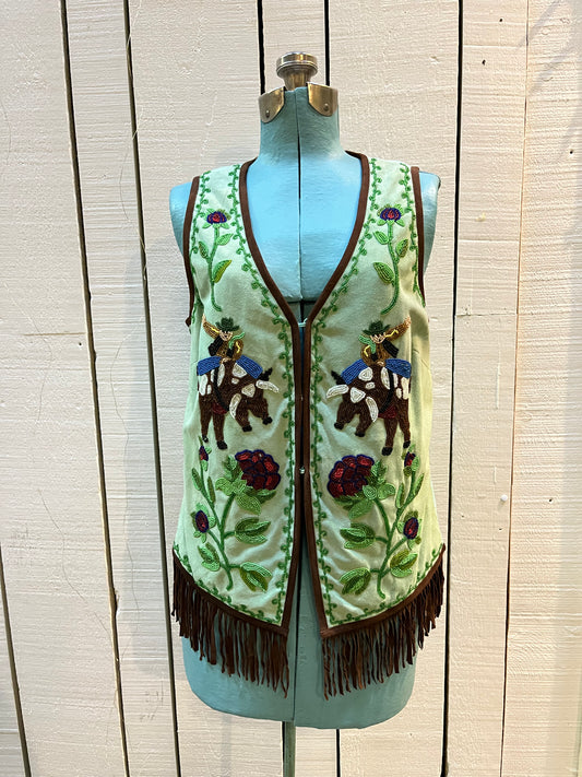 Double D Ranch light green goat suede vest with brown fringe detail, hook and eye closure, cotton/ linen back panel, satin lining and a western cowboy and desert rose design that is hand beaded.

Made in India
Size Medium