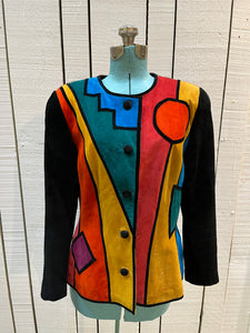Vintage 1980’s Pia Rucci suede jacket with bright mod colour block design and 
Black suede buttons.

 Size 14
