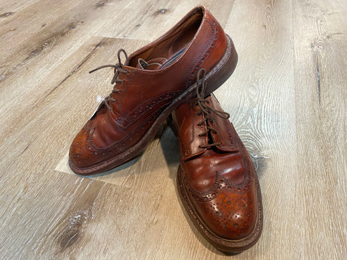Kingspier Vintage - Brown Leather Full Brogue Wingtip Derbies - Sizes: 9M 11W 42EURO, Johnson Written in Pen on Sole of Left Shoe, Discolouration on Tongues, Cat's Paw Won't Slip Rubber Soles