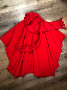 Kingspier Vintage - Camargo bright red alpaca wool cape with attached scarf and button closures.