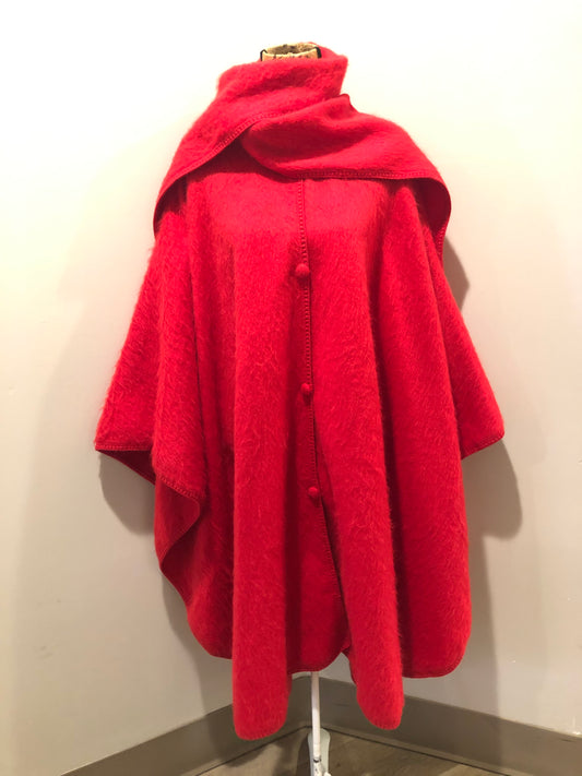 Kingspier Vintage - Camargo bright red alpaca wool cape with attached scarf and button closures.