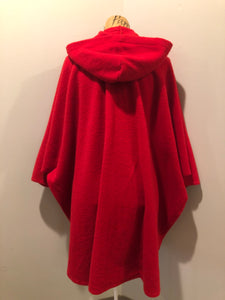 Kingspier Vintage - My Maine Bag bright red wool cape with hood, zipper closure and buttons at the sides to create sleeves. Made in Bangor, Maine, USA. One size fits most.