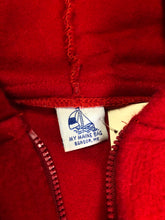Load image into Gallery viewer, Kingspier Vintage - My Maine Bag bright red wool cape with hood, zipper closure and buttons at the sides to create sleeves. Made in Bangor, Maine, USA. One size fits most.
