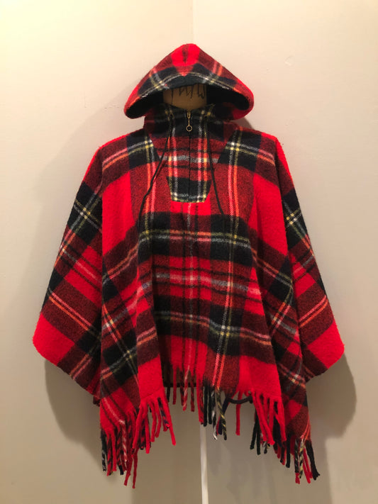 Kingspier Vintage - Royal Stewart tartan wool cape with hood, quarter zip and fringe.