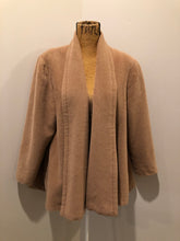 Load image into Gallery viewer, Kingspier Vintage - Geraldine camel coloured swing jacket with pockets, shoulder pads and some gathering detail on the shoulder full lining. Size small, worn open with no front closure.
