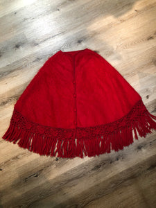 Kingspier Vintage - Red baby alpaca wool poncho with buttons down the front and crochet and tassels at the bottom, 