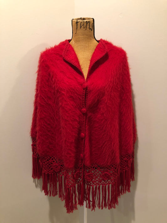 Kingspier Vintage - Red baby alpaca wool poncho with buttons down the front and crochet and tassels at the bottom,
