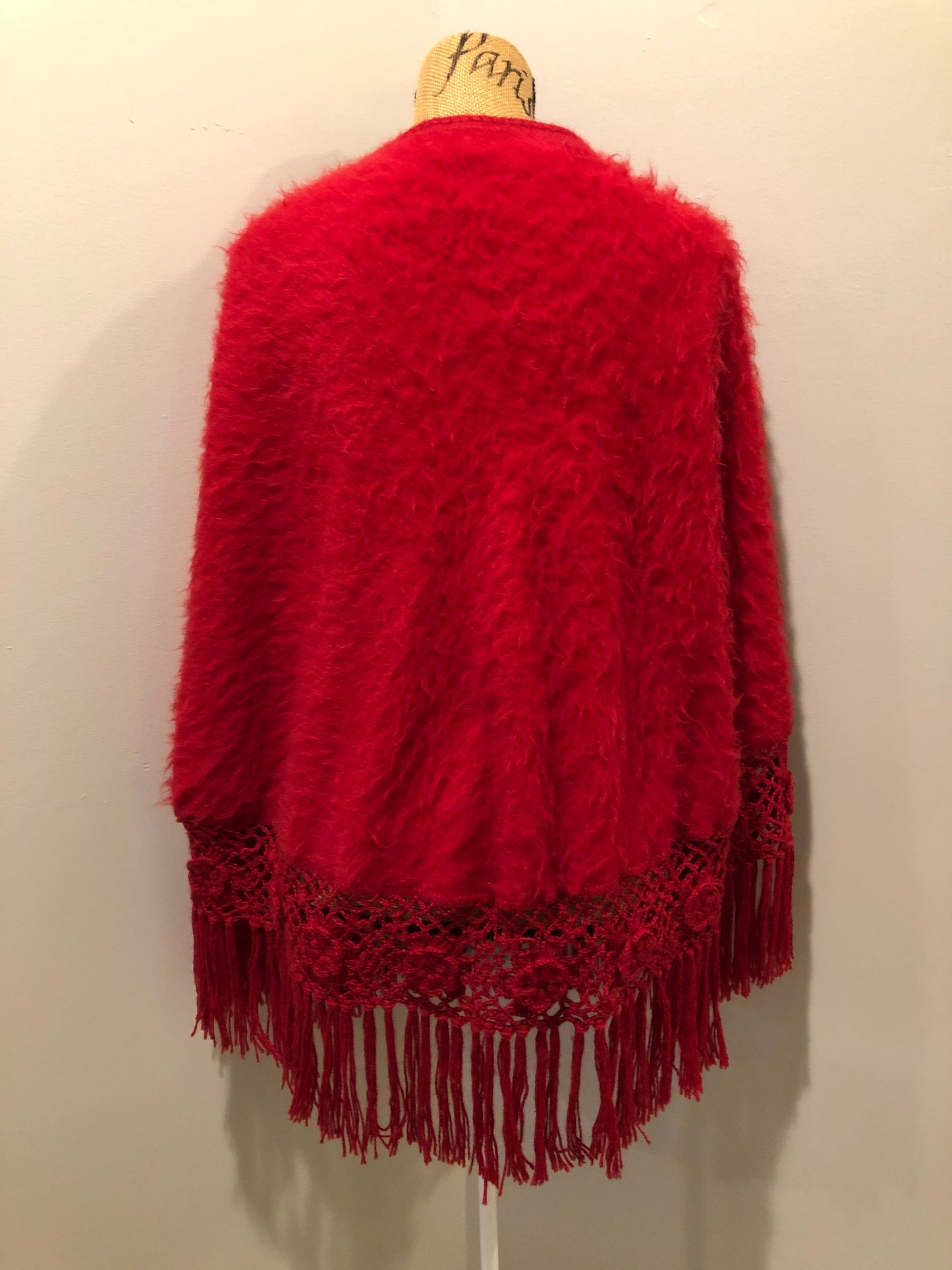 Kingspier Vintage - Red baby alpaca wool poncho with buttons down the front and crochet and tassels at the bottom, 