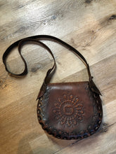 Load image into Gallery viewer, Vintage full grain brown leather crossbody bag with leather stitching, hand tooled designs and flap closure.  Made in Brazil - Kingspier Vintage
