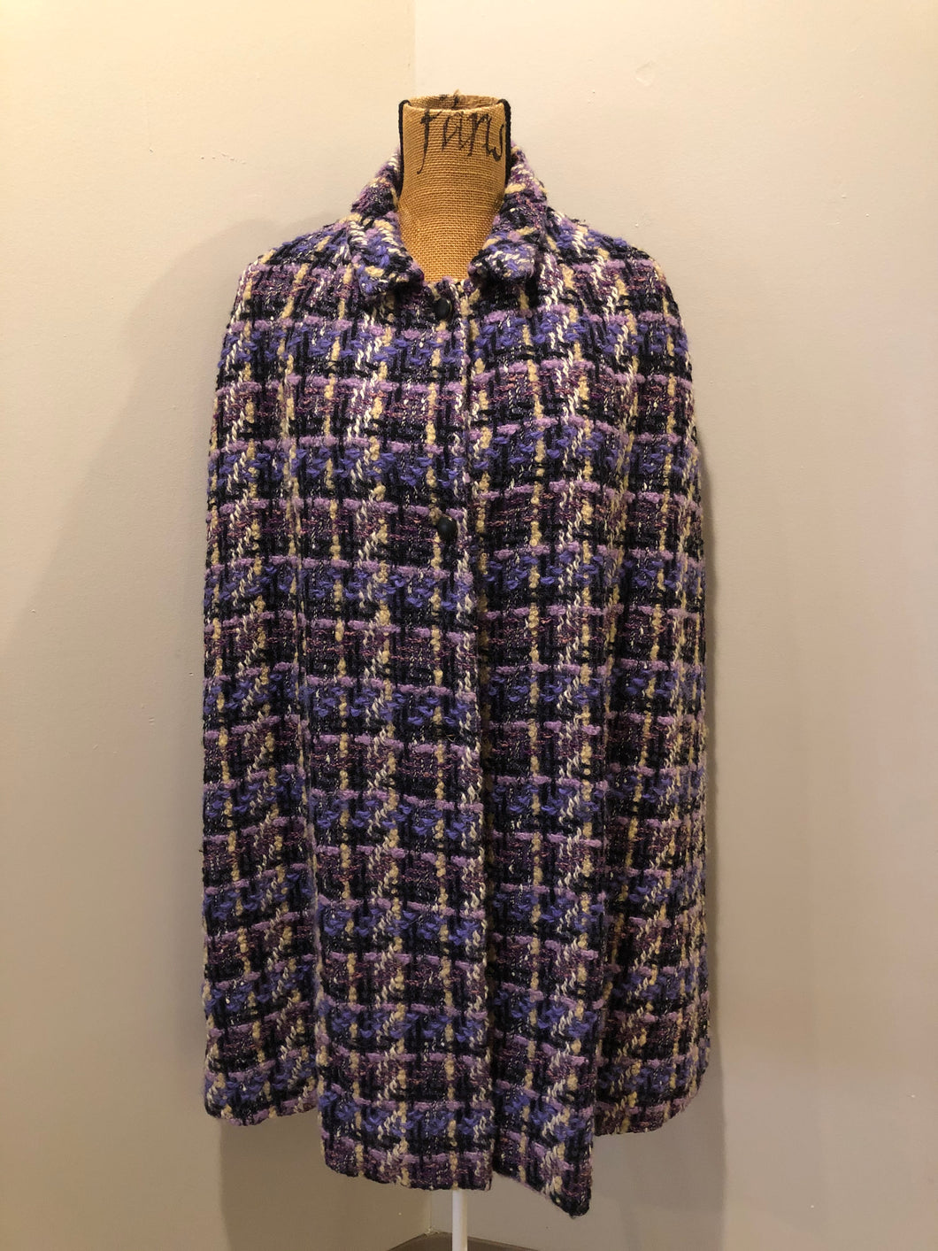 Kingspier Vintage - Handmade purple wool cape with matte black buttons, collar and arm slits. 