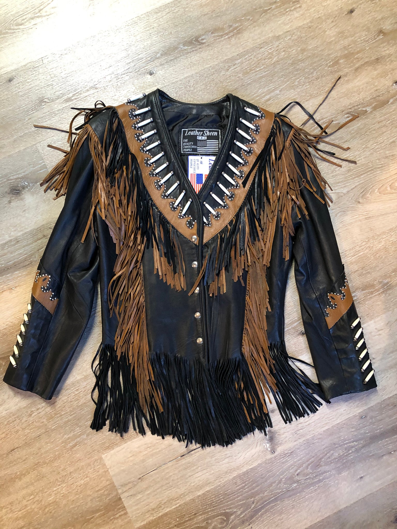 Sheen Black Leather Jacket with Fringe, Made in USA, SOLD