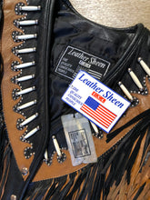 Load image into Gallery viewer, Kingspier Vintage - Sheen black leather jacket with fringe and beaded detail. Made in the USA. Size large.
