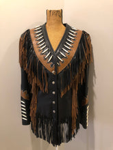 Load image into Gallery viewer, Kingspier Vintage - Sheen black leather jacket with fringe and beaded detail. Made in the USA. Size large.
