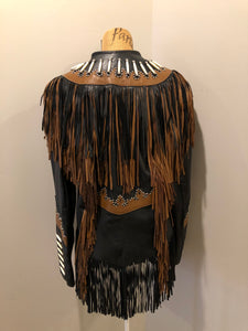 Kingspier Vintage - Sheen black leather jacket with fringe and beaded detail. Made in the USA. Size large.