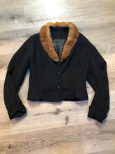 Load image into Gallery viewer, Kingspier Vintage - Vintage Jocardi 1960’s cropped black wool jacket with fur collar, button closures and detail at wrist. 
