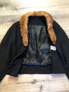 Kingspier Vintage - Vintage Jocardi 1960’s cropped black wool jacket with fur collar, button closures and detail at wrist. 