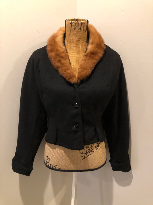 Kingspier Vintage - Vintage Jocardi 1960’s cropped black wool jacket with fur collar, button closures and detail at wrist. 