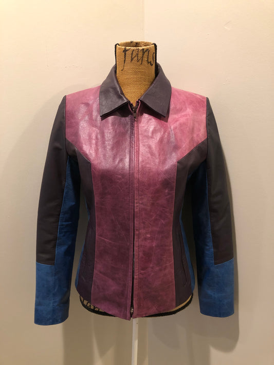 Kingspier Vintage - Vintage purple and blue panel leather jacket with slash pockets. Size small.