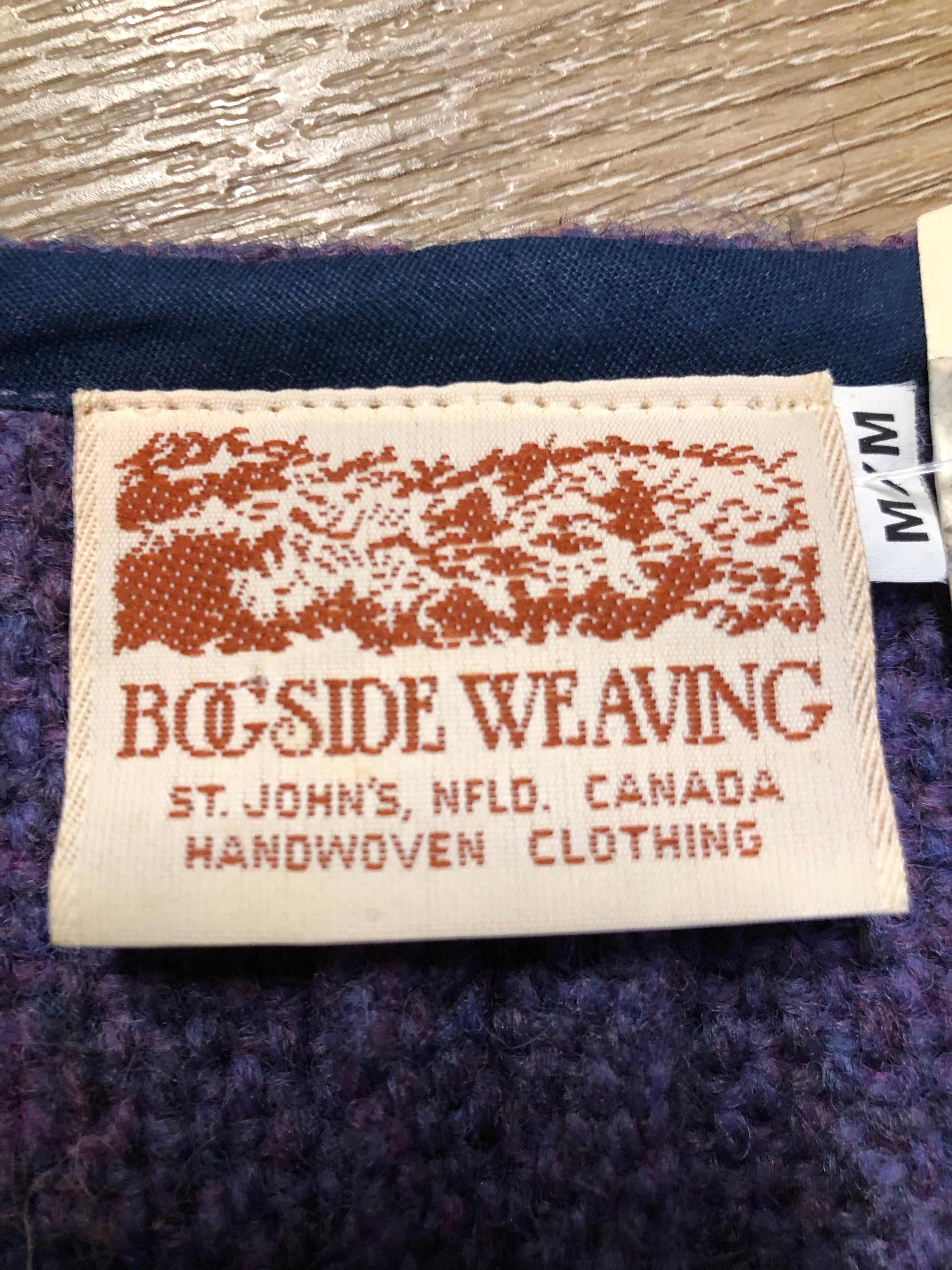 Kingspier Vintage - Bogside Weaving handwoven wool cardigan with two wooden button closures. Made in St. John’s NFLD, Canada. Size medium.