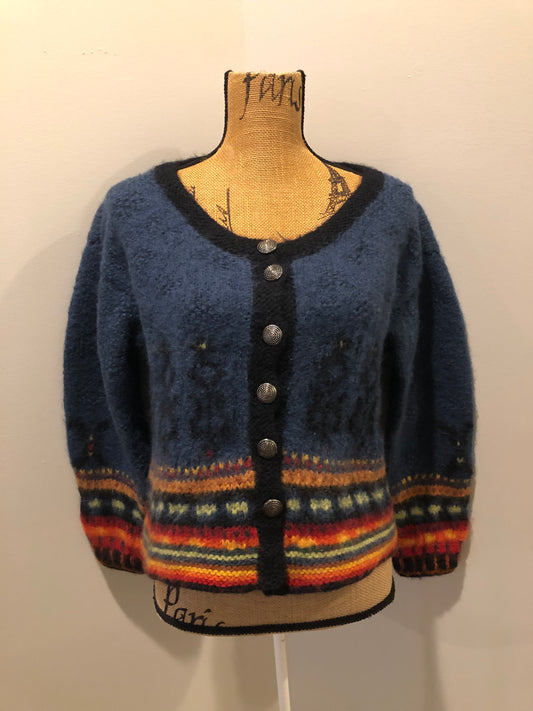 Kingspier Vintage - Emma “Kalveness Designs Ltd.” felted wool cardigan in navy blue with multi-coloured designs and silver button closures. Made in Canada. Size Small, medium. 
