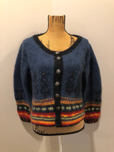 Load image into Gallery viewer, Kingspier Vintage - Emma “Kalveness Designs Ltd.” felted wool cardigan in navy blue with multi-coloured designs and silver button closures. Made in Canada. Size Small, medium. 

