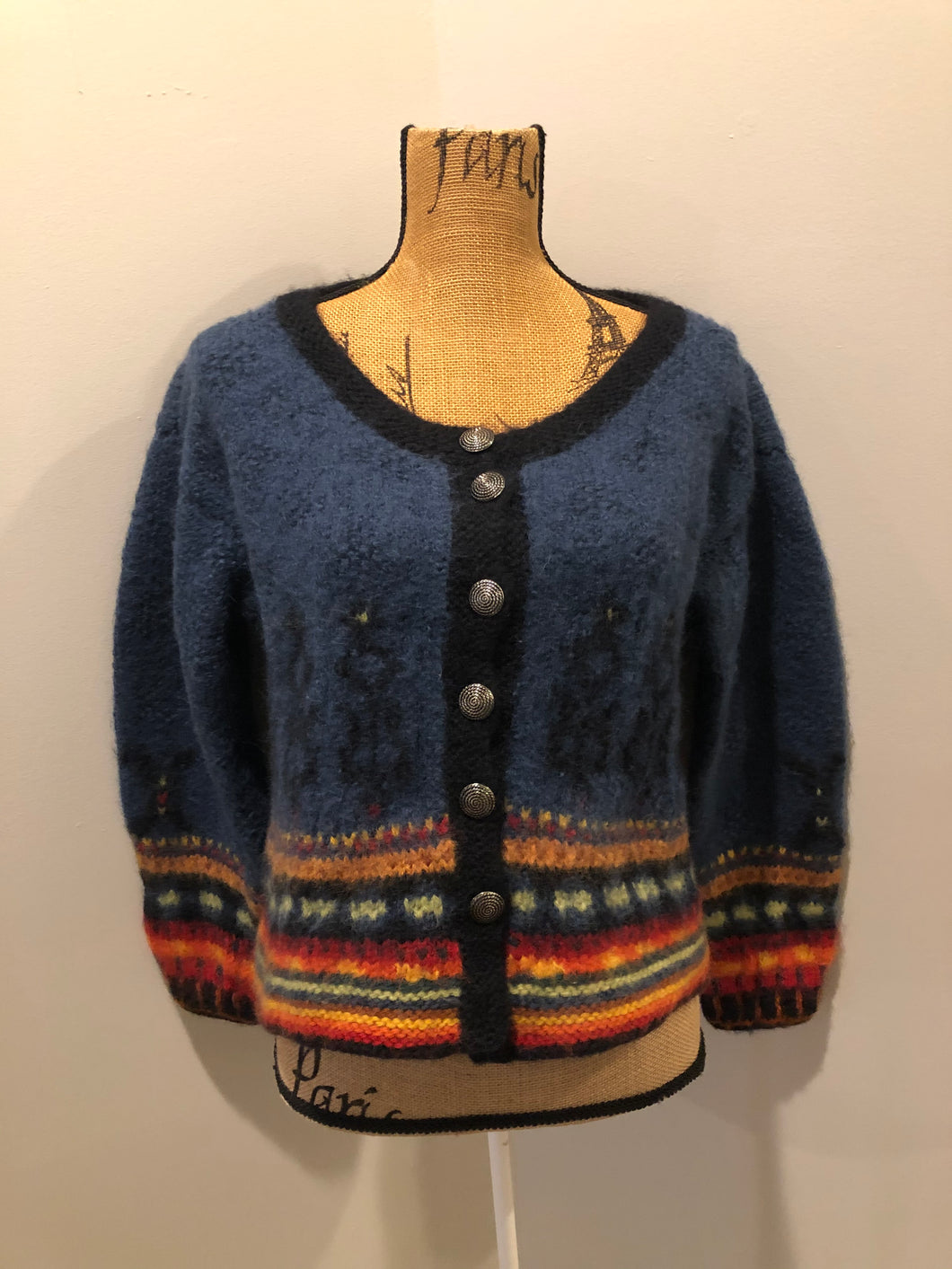 Kingspier Vintage - Emma “Kalveness Designs Ltd.” felted wool cardigan in navy blue with multi-coloured designs and silver button closures. Made in Canada. Size Small, medium. 
