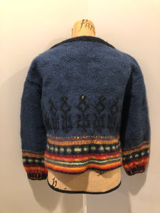 Kingspier Vintage - Emma “Kalveness Designs Ltd.” felted wool cardigan in navy blue with multi-coloured designs and silver button closures. Made in Canada. Size Small, medium. 
