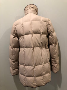 Kingspier Vintage - Vintage light pink down-filled puffer jacket with brown piping detail, snap closures, zipper closures and two welt pockets. Size 8.