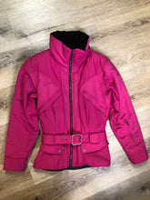 Load image into Gallery viewer, Kingspier Vintage - Nils Skiwear magenta ski jacket with belt, black velvet lined collar, zipper closure, flap pockets, diagonal zip chest pockets and an inside pocket. Size 6 

Shoulder to shoulder - 17”
Shoulder to wrist - 23”
Under sleeve - 20”
Chest - 19”
Arm to hem -15”
Bottom hem - 20”

*All items have been laid flat to measure.

This coat is in excellent condition.
