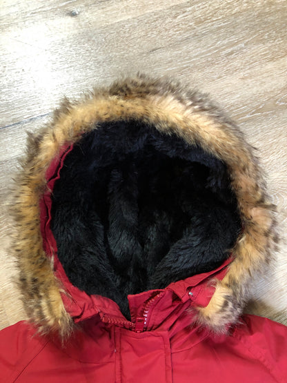 Kingspier Vintage - Roots down-filled bomber jacket in red with faux fur trimmed hood, zipper closure, flap pockets and slash pockets, “Stay Warm Eh” written on the inside pocket. Size medium.