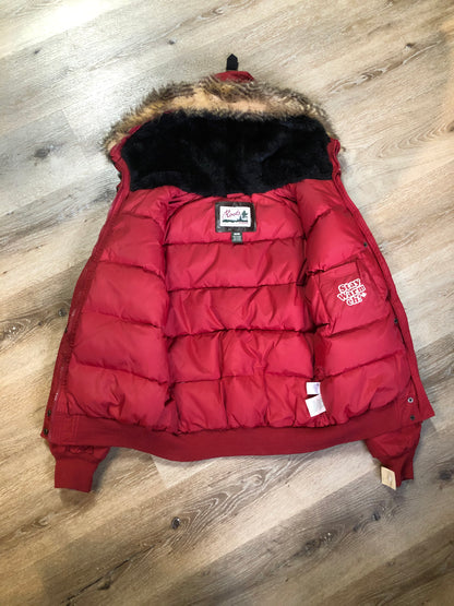 Kingspier Vintage - Roots down-filled bomber jacket in red with faux fur trimmed hood, zipper closure, flap pockets and slash pockets, “Stay Warm Eh” written on the inside pocket. Size medium.