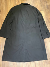 Load image into Gallery viewer, Vintage 80’s Abercrombie and Fitch black trench coat with 65% Darcon polyester/ 35% cotton shell, inner lining and two front pockets.

Union Made in USA
Size 44 Long
