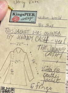 Rare authentic vintage leather jacket with fringe once owned by Johnny Cash. Consigned by a former member of Johnny Cash’s band from 1987-1990. 

The piece features zipper closure, zip pockets, leather fringe and stud details

Chest 52”