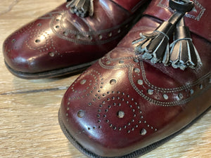 Kingspier Vintage - Custom Grade Burgundy Full Brogue Wingtip Loafers with Black Tassels by Dack's Finest Quality Shoes for Men - Sizes: 7M 8.5W 39-40EURO, Hand Waxed Finish, Made in Canada, Leather Soles with Rubber Heels