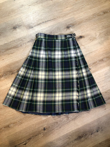 Kingspier Vintage - Vintage RJ McCarthy LTD white, green, blue, yellow and black plaid wool kilt with adjustable leather straps and a fringed over skirt. Made in Canada. Size 16.