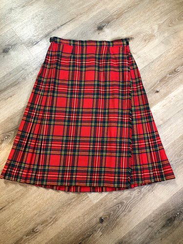 Kingspier Vintage - Vintage Brendella Royal Stewart tartan 100% wool kilt with fringed over skirt. Made in Ireland.