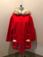 Load image into Gallery viewer, Vintage Inuvik Parka Enterprise red 100% pure wool northern parka.  This parka features a cotton/ polyester blend storm shell with embroidered details, a fur trimmed hood, zipper closure, patch pockets, satin lining and a northern fishing design in felt applique. Made in northern Canada. Size 46 - Kingspier Vintage
