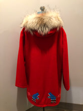 Load image into Gallery viewer, Vintage Inuvik Parka Enterprise red 100% pure wool northern parka.  This parka features a cotton/ polyester blend storm shell with embroidered details, a fur trimmed hood, zipper closure, patch pockets, satin lining and a northern fishing design in felt applique. Made in northern Canada. Size 46 - Kingspier Vintage
