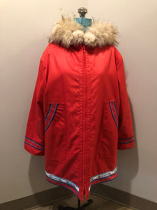 Vintage Inuvik Parka Enterprise red 100% pure wool northern parka.  This parka features a cotton/ polyester blend storm shell with embroidered details, a fur trimmed hood, zipper closure, patch pockets, satin lining and a northern fishing design in felt applique. Made in northern Canada. Size 46 - Kingspier Vintage