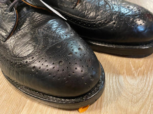 Kingspier Vintage - 1940s Black Water Buffalo Textured Leather Full Brogue Wingtip Derby by Hector La Montagne Inc.- Sizes: 7M 8.5W 39-40EURO, Made in Canada, Winguard Safety Toes, CSA Protective Footwear S 14362 Grade 1, Genuine Solid Leather Soles, Trojan Super Rubber Heels