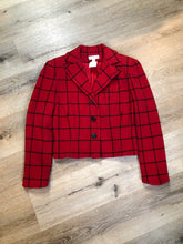 Load image into Gallery viewer, Kingspier Vintage - Vintage Ann Taylor red and black plaid wool jacket with button closures and one chest pocket. Size small. 

Shoulder to shoulder - 17.5”
Shoulder to wrist - 22.5”
Under sleeve - 16.5”
Armpit to armpit - 19”
Armpit to hem - 10.5”
Bottom hem - 16”

*All items have been laid flat to measure.

This Jacket is in excellent condition.
