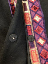 Load image into Gallery viewer, Kingspier Vintage - Black wool car coat with purple and pink flower motif embroidery, snap closures, and pockets. Size small/ medium.

Shoulder to shoulder - 17”
Shoulder to wrist - 24”
Under sleeve - 17.5”
Armpit to armpit - 19”
Armpit to hem - 27”
Bottom hem - 24”

*All items have been laid flat to measure.

This coat is in excellent condition.
