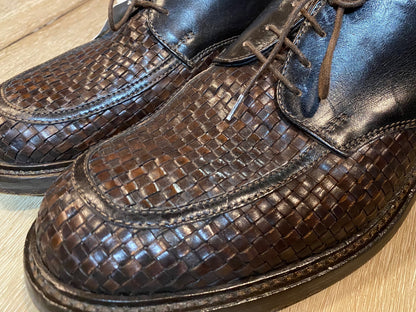 Kingspier Vintage - Brown Basket Weave Leather Derbies with Dark Brown Quarters/Back by Antica Cuoieria Shoemaker’s Goodyear Type - Sizes: 9.5M 11.5W 42.5EURO, Made in Italy, Vero Cuoio Leather Soles and Insoles, Antica Cuoieria Rubber Heels